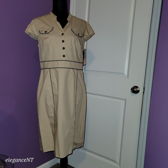Merona Dresses & Skirts - Merona Khaki Cap Sleeve Midi Dress with Navy Trim Size 10 NWT